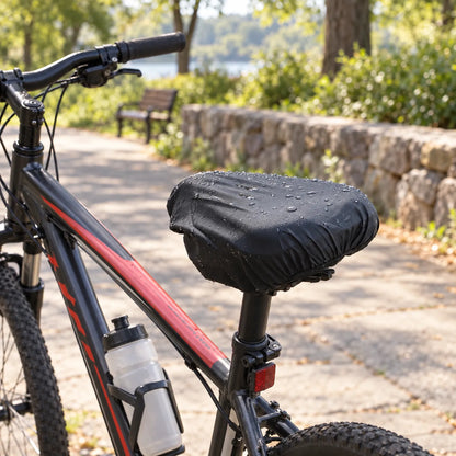 Black cover with water droplets fitted on a mountain bike saddle, with a water bottle and a park path behind. 3