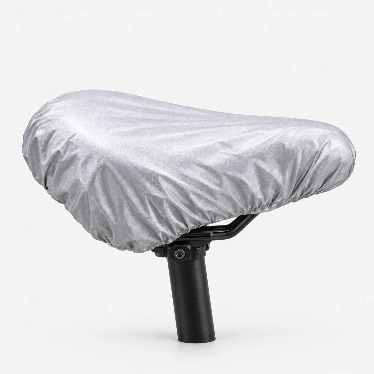 Reversed to its grey, shiny side, the cover fits snugly over a saddle on a seatpost against a plain white background. 4
