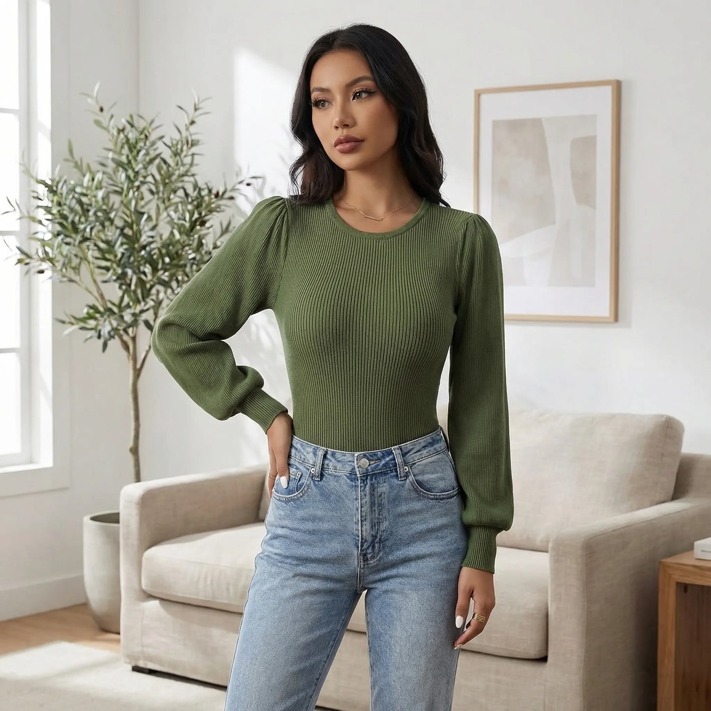 Ribbed Long-Sleeve Fitted Bodysuit - Lorena