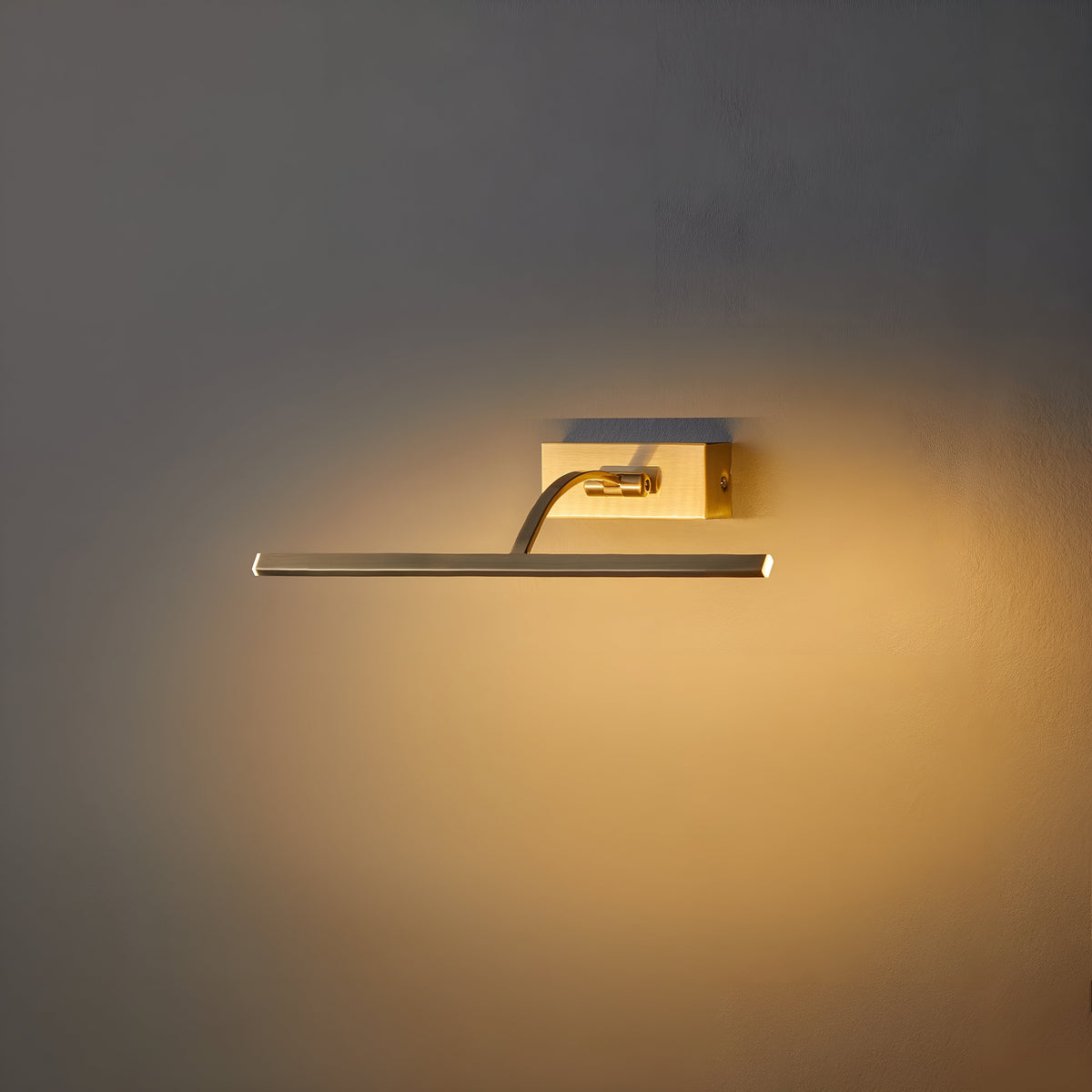 Switched-on brass picture light seen at an angle, its curved arm reaching out from the wall plate 3