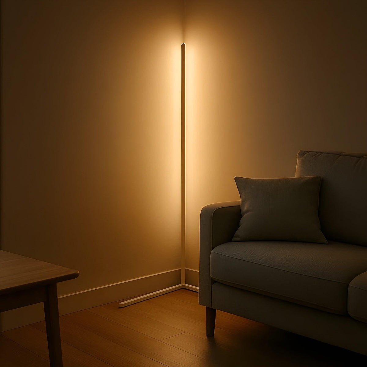 White corner floor lamp switched on in a dim living room corner, casting amber light behind a grey sofa. 6