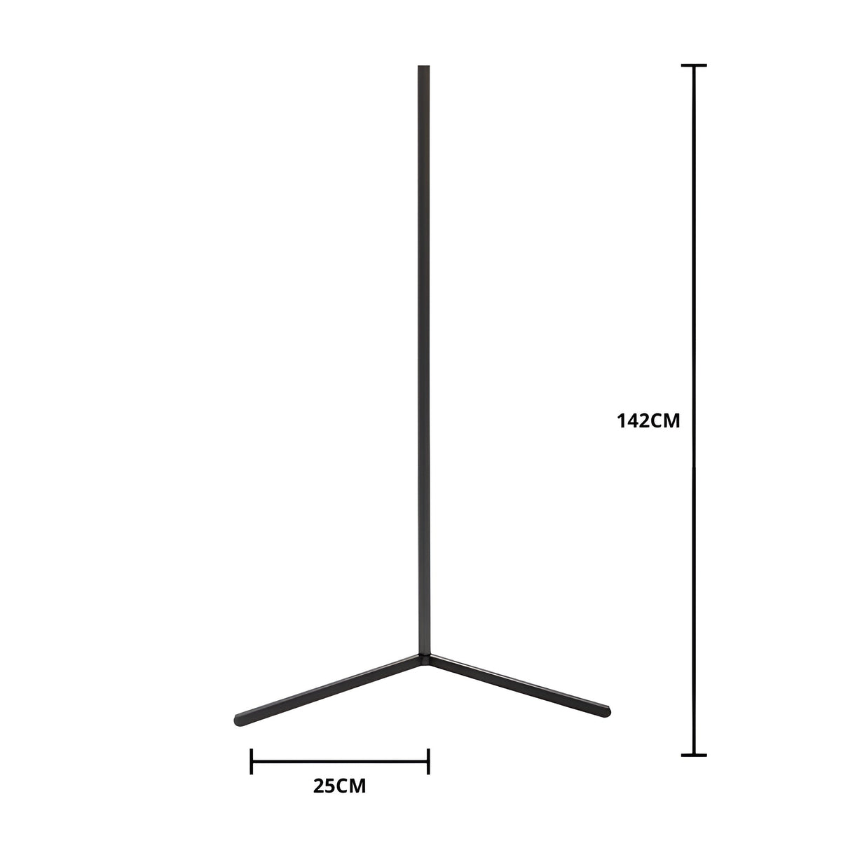 Black corner lamp on a plain white background with dimension lines marking its height and the length of one base arm. 5