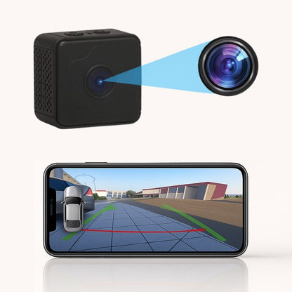 Small black cube camera with an enlarged lens graphic, above a smartphone showing the rear view with green and red parking guidelines. 2