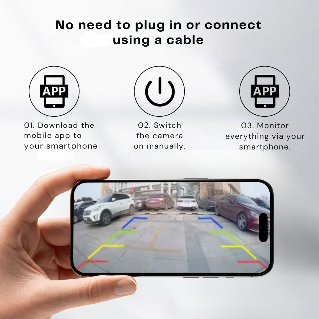 Hand holding a smartphone that shows a rear view of a car park with coloured guidelines, beside three numbered setup steps. 3