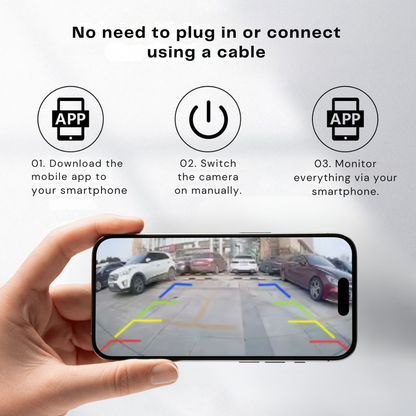 Hand holding a smartphone that shows a rear view of a car park with coloured guidelines, beside three numbered setup steps. 3