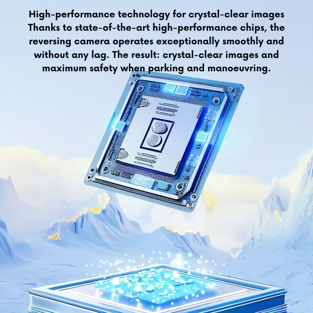 Illustration of a glowing blue processor chip floating above a mountain landscape, representing the high-performance technology behind the camera. 4