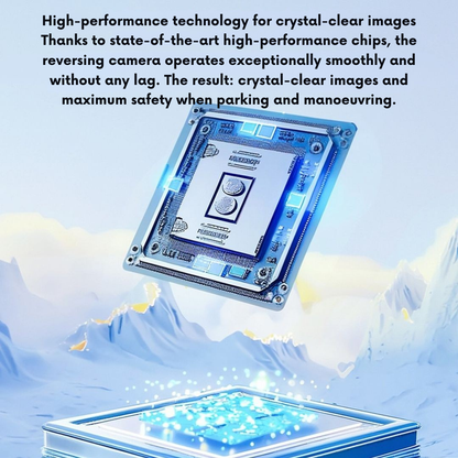 Illustration of a glowing blue processor chip floating above a mountain landscape, representing the high-performance technology behind the camera. 4