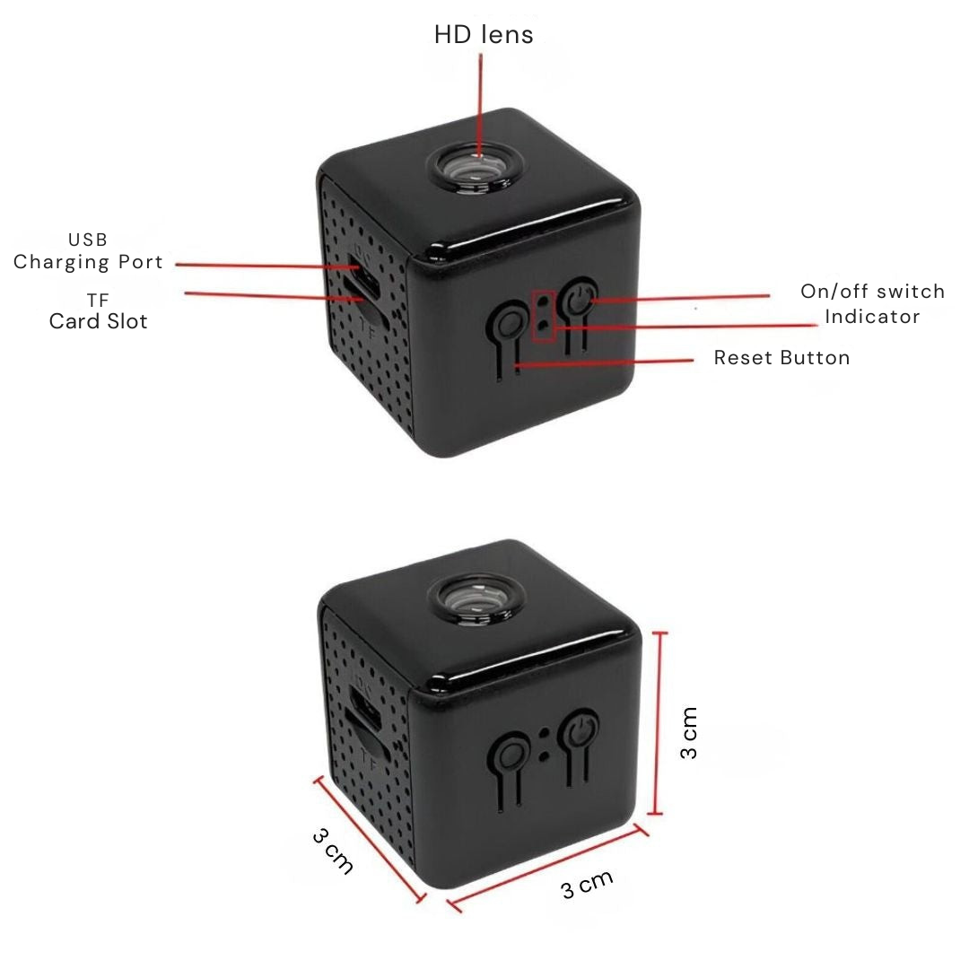 Two views of the black cube camera with labelled lens, charging port, card slot, switch and reset button, plus its 3 cm dimensions. 8