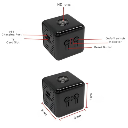 Two views of the black cube camera with labelled lens, charging port, card slot, switch and reset button, plus its 3 cm dimensions. 8