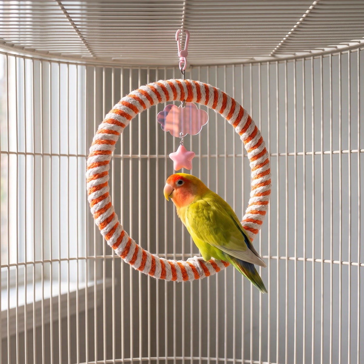 Orange and white rope ring swing hanging inside a cage, with a lovebird perched on the bottom of the ring. 2