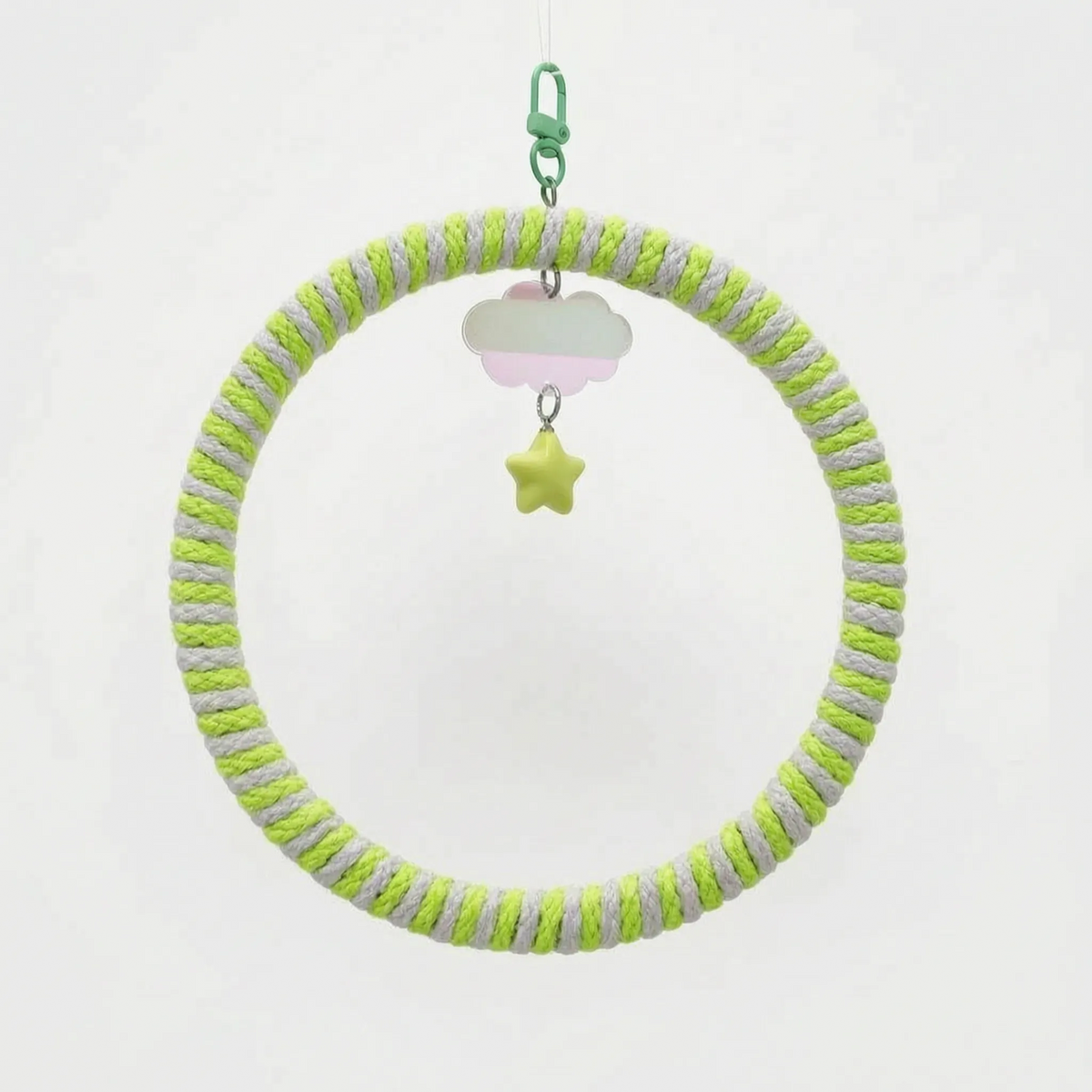 Ring swing wrapped in lime green and grey rope, with a green clip, cloud charm and yellow-green star bead. 4