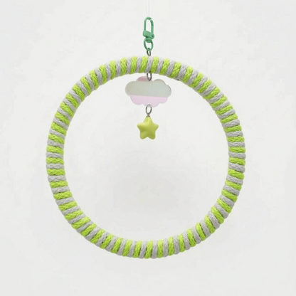 Ring swing wrapped in lime green and grey rope, with a green clip, cloud charm and yellow-green star bead. 4