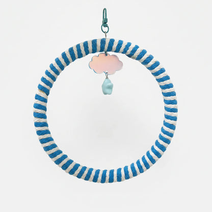Ring swing wrapped in blue and white striped rope, with a teal clip, iridescent cloud charm and pale blue bead. 5
