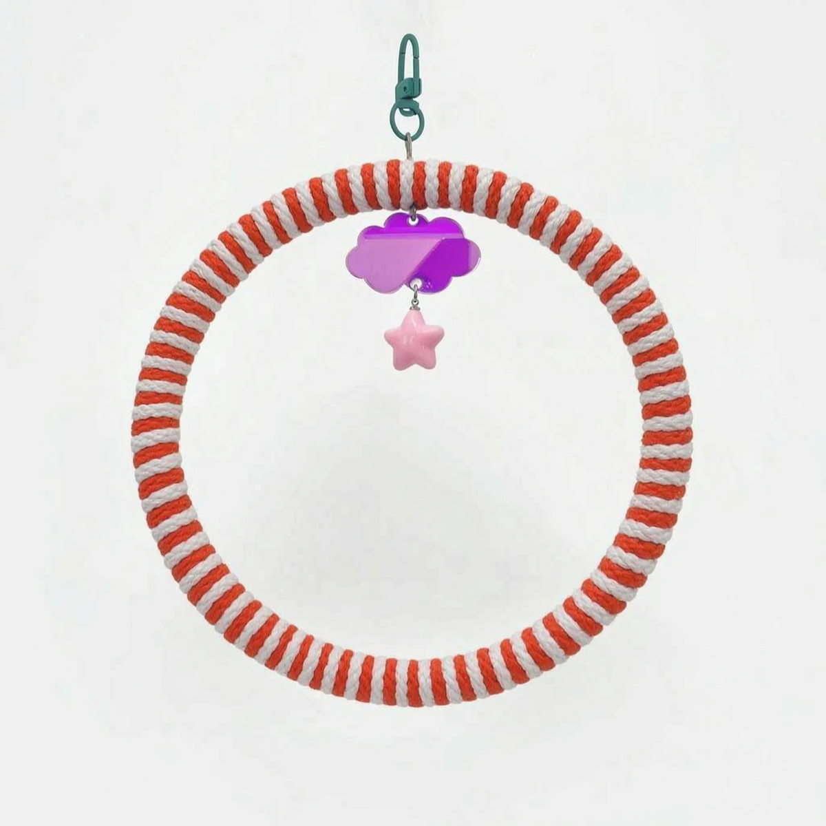 Ring swing with red-orange and white striped rope, a teal clip, purple mirrored cloud charm and pink star bead. 6