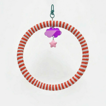 Ring swing with red-orange and white striped rope, a teal clip, purple mirrored cloud charm and pink star bead. 6
