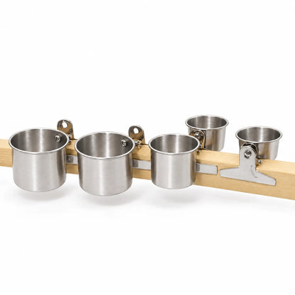 Five brushed stainless steel cups in different sizes, each fixed to a wooden perch with its own metal clip. 1