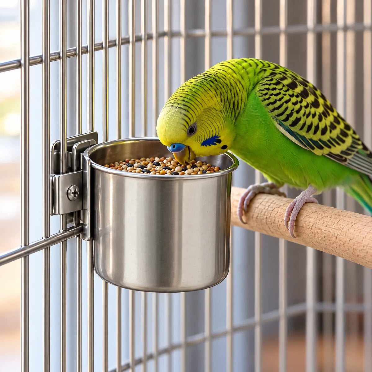 Green and yellow budgerigar eating seed from a steel cup attached to the wire bars of a cage. 2