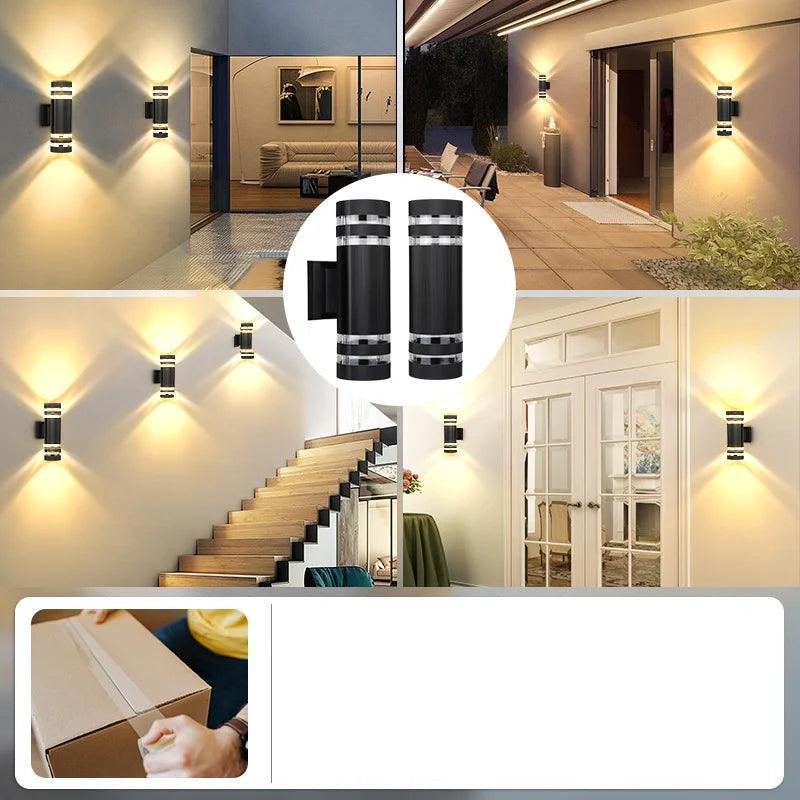 Round cylindrical black wall lights in hallway, stairway, patio and doorway scenes, with a close-up pair centre and a parcel being taped shut. 5