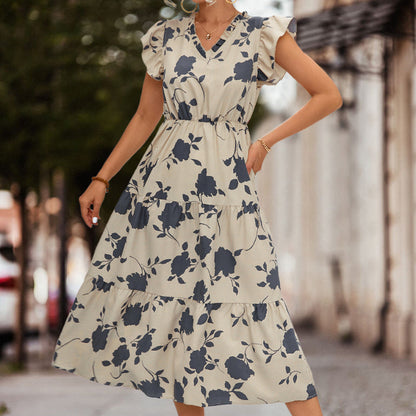 A-line summer dress with puff sleeves and a colour accent – Thalia