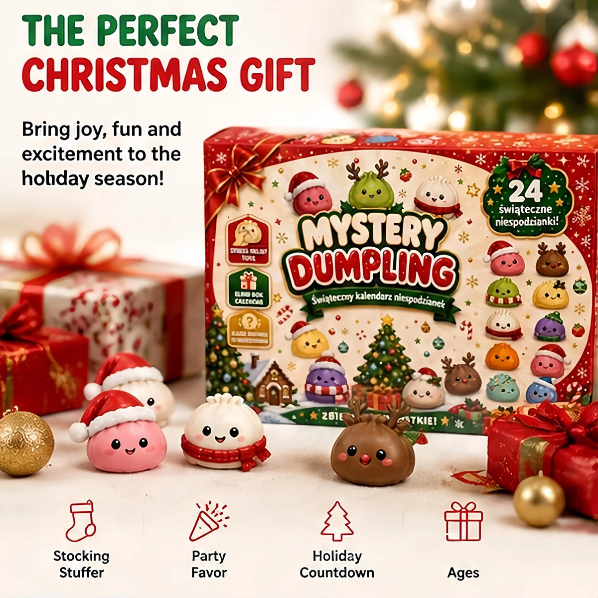 Advent calendar box displayed among wrapped presents and baubles, with four festive dumpling toys standing in front 4