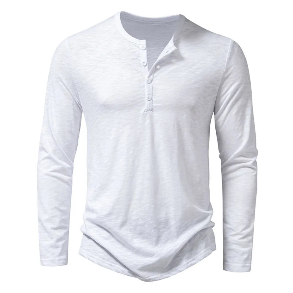 White long-sleeved Henley with four matching buttons and a soft flecked texture, shown flat from the front. 9