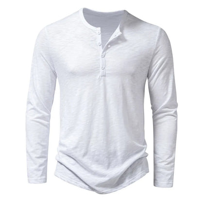 White long-sleeved Henley with four matching buttons and a soft flecked texture, shown flat from the front. 9