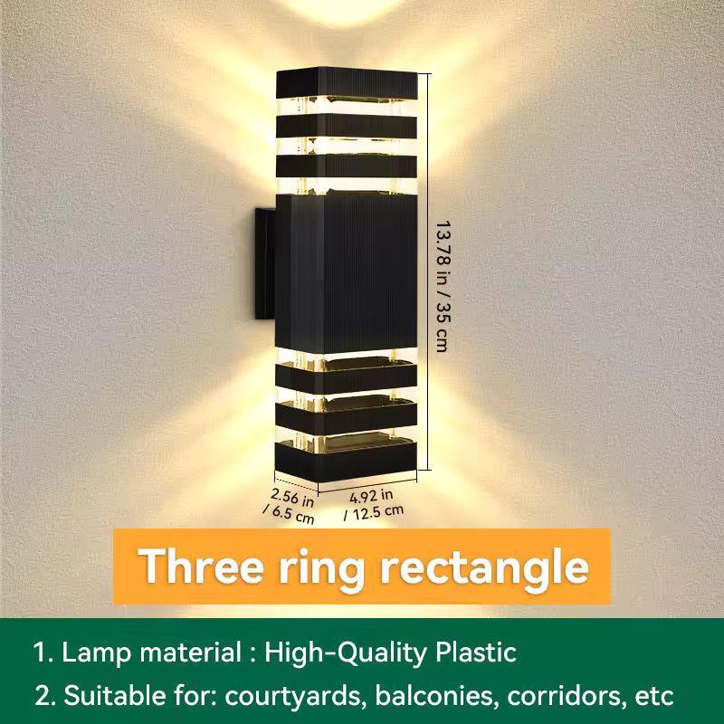 Three-ring rectangular black sconce with a size diagram showing height, width and depth 18