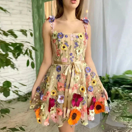 Lovely Dress with Floral Embroidery and Straps - Lilac