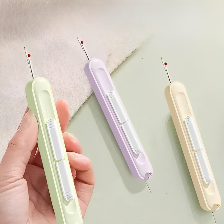 Three tools in green, lilac and cream, one held in a hand beside fabric 5