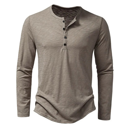 Long-sleeved four-button Henley in taupe-grey with a flecked slub texture, shown flat from the front. 1