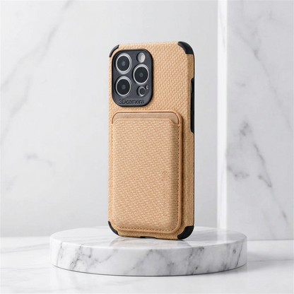 Beige textured case with attached card holder, standing on a round marble plinth 3