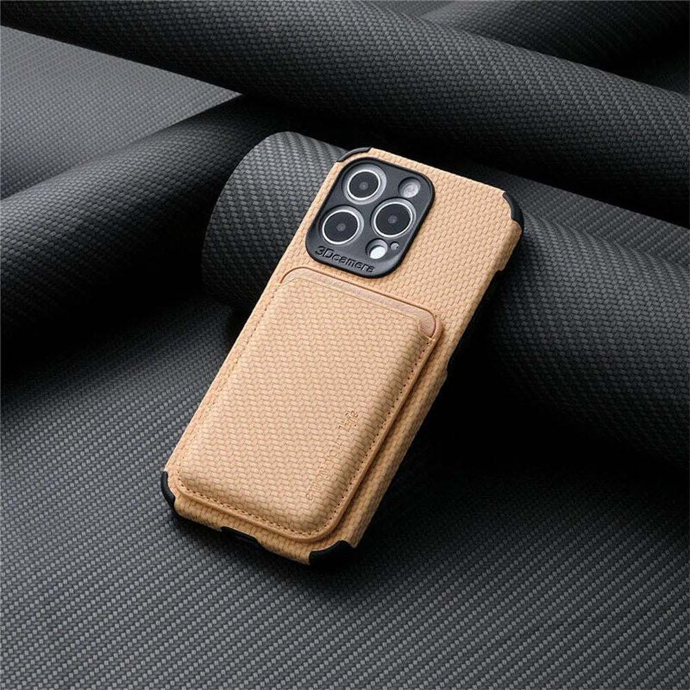 Tan woven-texture case with card pocket attached on its back, shown against dark rolled fabric 6