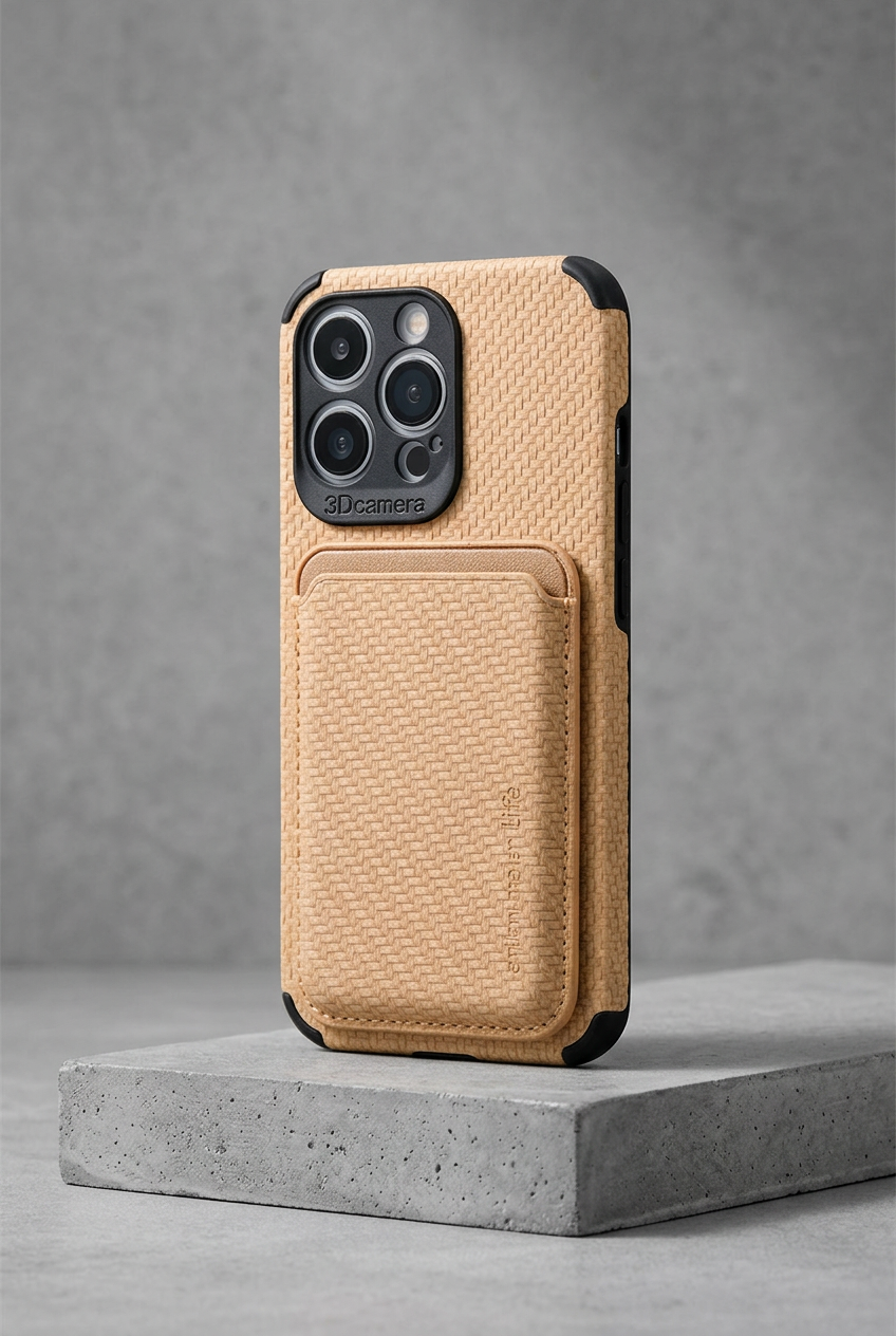 Tan woven-texture phone case with attached card pocket, standing on a concrete block 2
