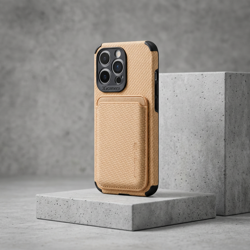 Beige case with carbon-effect weave and card pocket, standing on concrete blocks 3