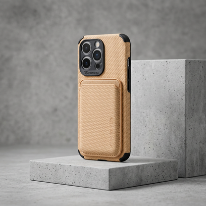 Beige case with carbon-effect weave and card pocket, standing on concrete blocks 3