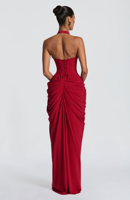 Linde Halter Maxi Dress with Corset Bodice and Chiffon Skirt 18
