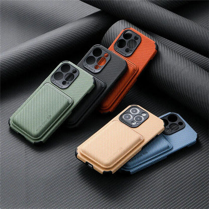 Five carbon-fibre-textured phone cases with card wallets in green, black, orange, beige and blue, arranged together 1