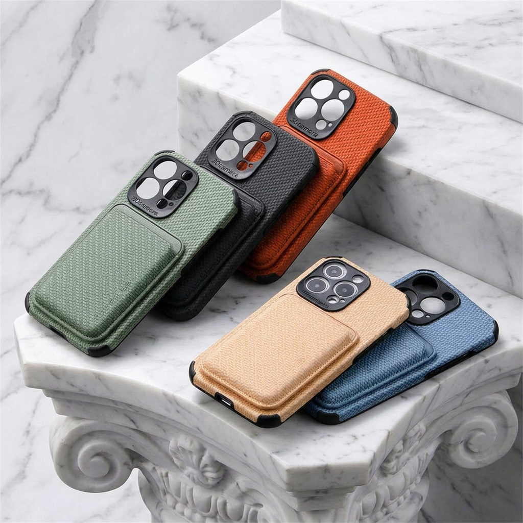 Five cases in green, black, orange, beige and blue, stacked on marble steps 2