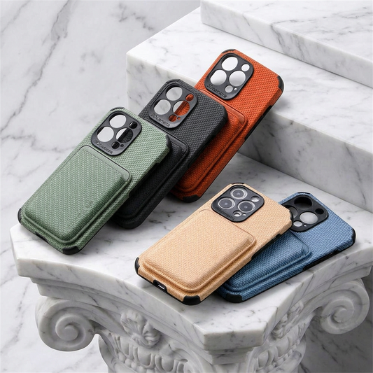 Five cases in green, black, orange, beige and blue, stacked on marble steps 2