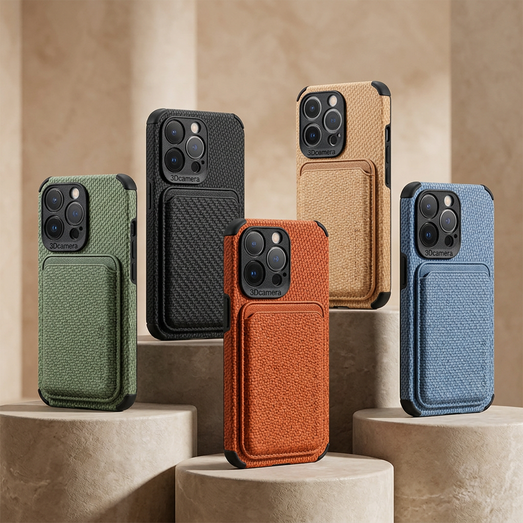 Five textured wallet cases in green, black, orange, tan and blue, standing on stone plinths 1