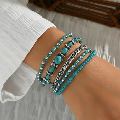 Turquoise Beaded Bracelet Set of 5 with Silver-Tone Details 1