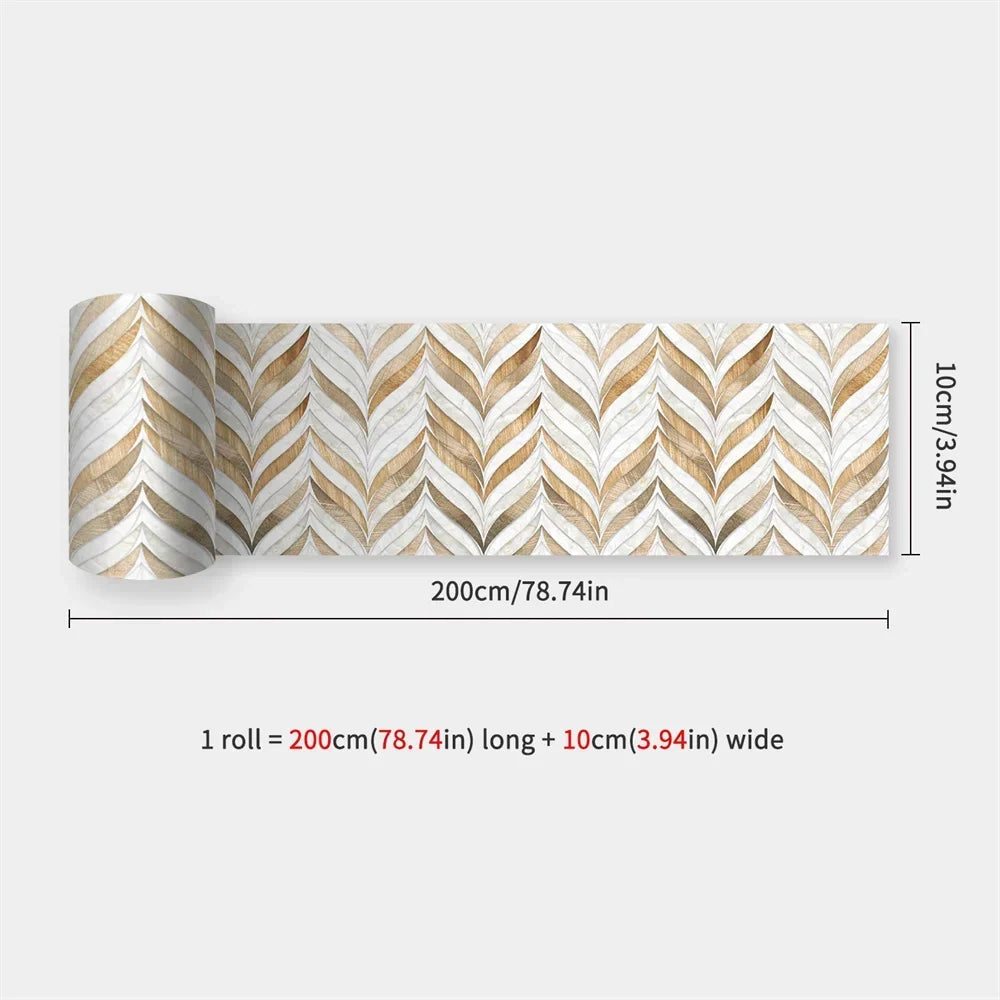 Partly unrolled strip with a leaf-shaped chevron pattern in white and light wood tones 43