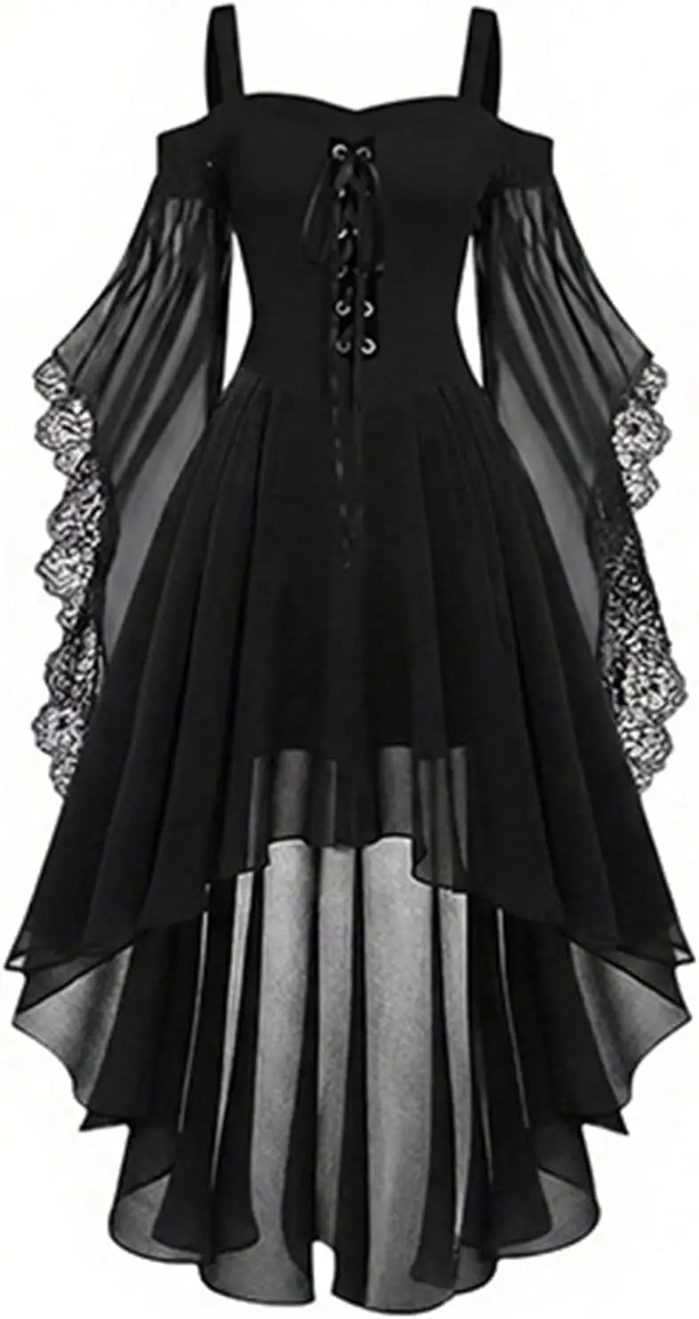 Front view of the black dress on a plain white background, showing the lace-up bodice and sheer high-low skirt 2