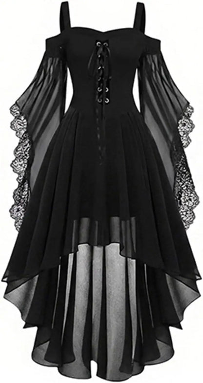 Front view of the black dress on a plain white background, showing the lace-up bodice and sheer high-low skirt 2