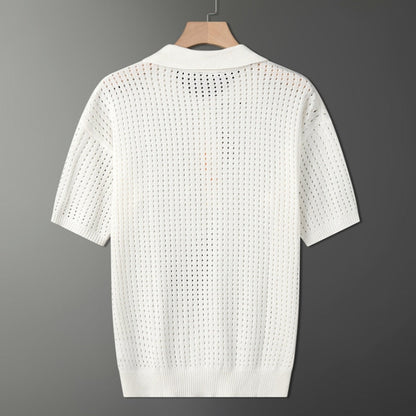 White airy men's polo shirt with a fine knitted texture – Autumn Magic Daan