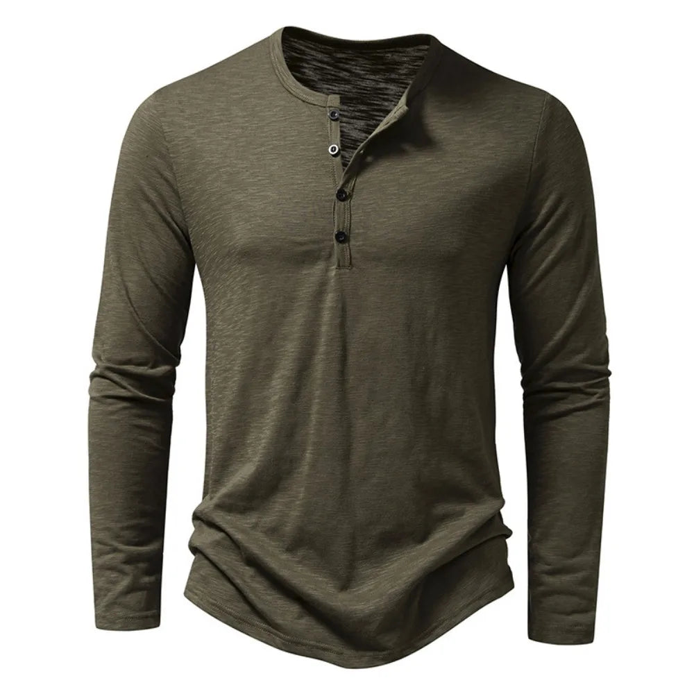 Olive green long-sleeved Henley with four dark buttons and a flecked texture, shown flat from the front. 4