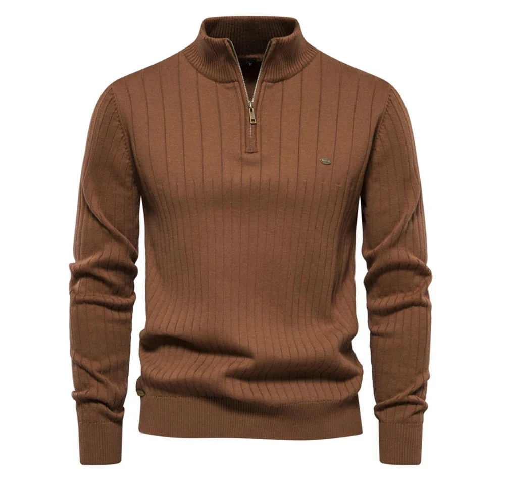 Men's cotton knit sweater with zipper & stand-up collar – Ardel
