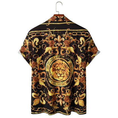 Expressive men's short-sleeved shirt with baroque pattern & lion motif – Dante