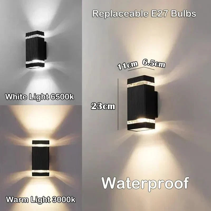 Short square wall light with its height and width dimensions shown, comparing white and warm light glow on a wall. 7