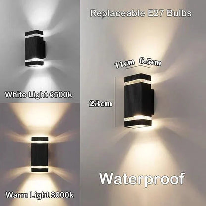 Short square wall light with its height and width dimensions shown, comparing white and warm light glow on a wall. 7